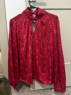 Nine West Fuchsia Pink Black Animal-Print Tie-Neck Blouse